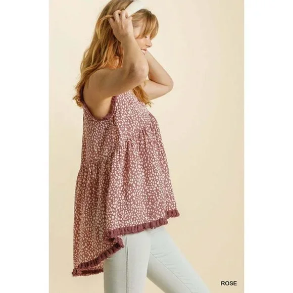 NWT Umgee Rose Animal Print V-Neck Sleeveless Back String Tie & Fringed Top - Picture 3 of 9
